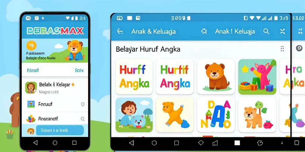 Tampilan antarmuka aplikasi BEBASMAX yang menarik untuk belajar huruf dan angka.