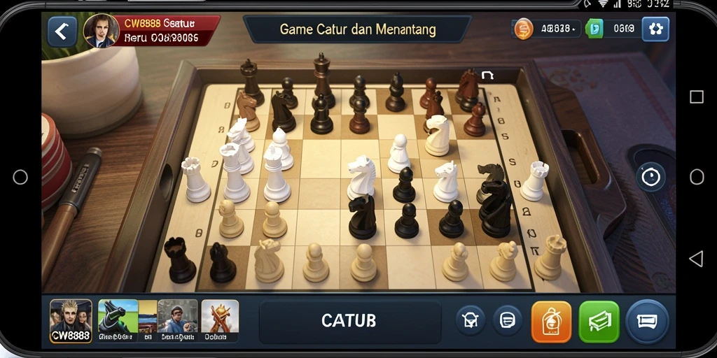 Antarmuka CW8888 dengan papan catur interaktif dan bidak yang menarik.